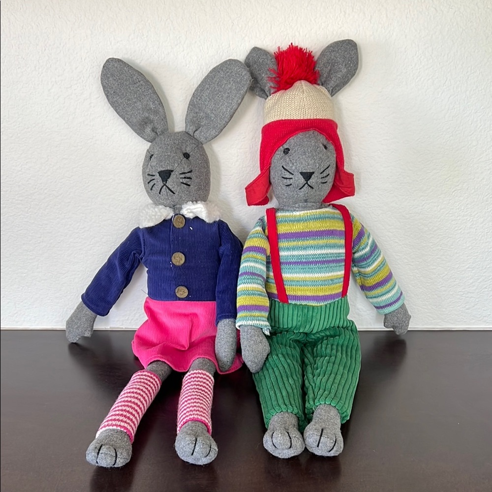 Gray Bunny Plush Toy Set with Pink and Green Outfits